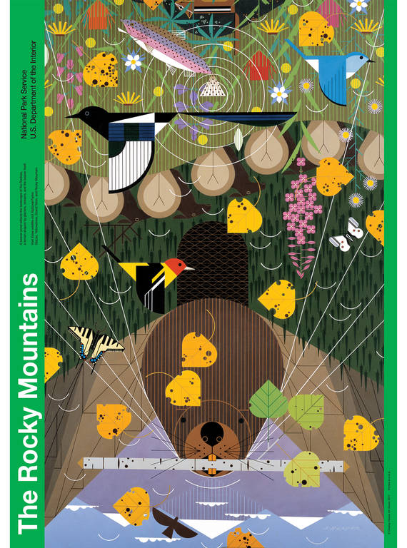 <p>A montane ecosystem, complete with elk, fireweed and snow-capped peaks, is reflected in a beaver pond in Harper's poster of the Rocky Mountain national parks.</p>