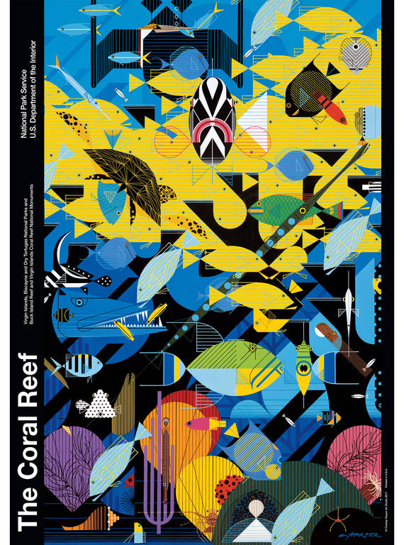 <p>Schools of colorful fish, plus coral, mollusks and a sea turtle, give life to Harper's coral reef, which he called "probably the hardest thing I've ever had to paint."</p>