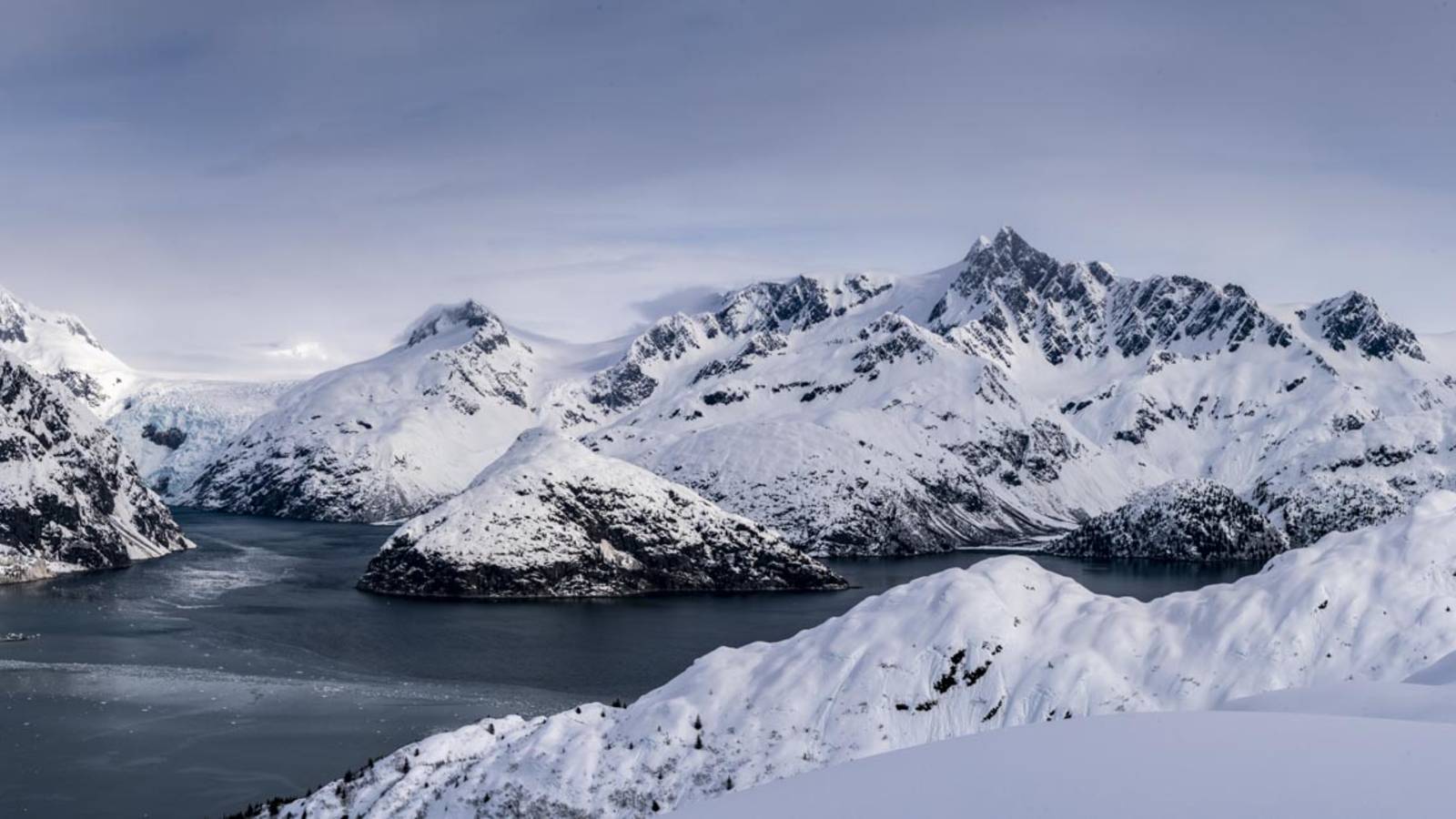 <p>View of the retreating Northwestern Glacier (just visible on the left). A topographic map from the 1950s that the friends used indicated the Madrona was anchored where the glacier once stood.</p>
