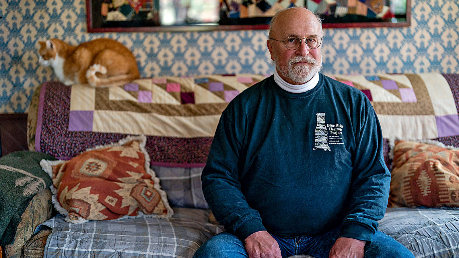 <p>Bill Henry in his home in Stanardsville, Virginia. Henry is not related to the people who were displaced, but he took up the cause of memorializing them as his own.<br>“Bill is now an honorary descendant of the mountain people,” said Lisa Custalow, who has worked closely with Henry on the effort to build the monuments.</p>